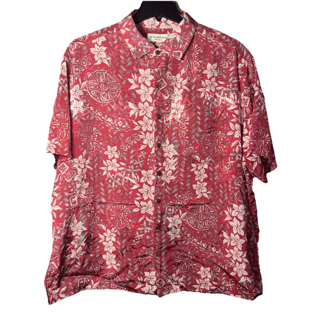 Caribbean Hawaiian Mens Shirt 2X  Silk & Rayon Red button up short sleeve